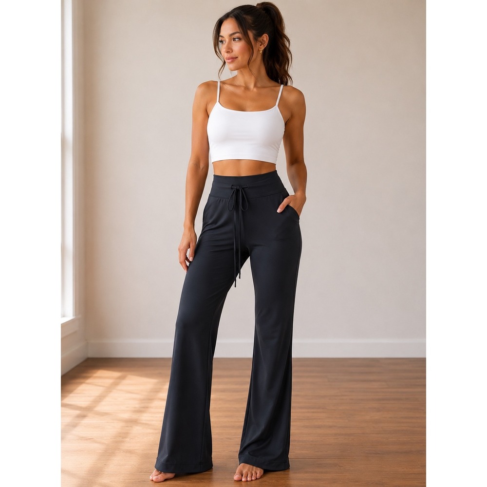 OQQ Yoga Lounge Pants Women Small Black Wide Leg High Waist Drawstring Pockets